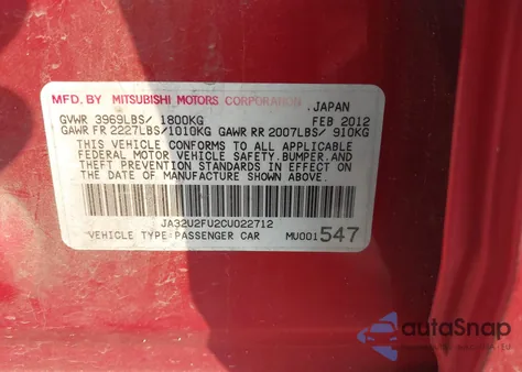 2012 Mitsubishi Lancer Es from USA, damaged, VIN JA32U2FU2CU022712